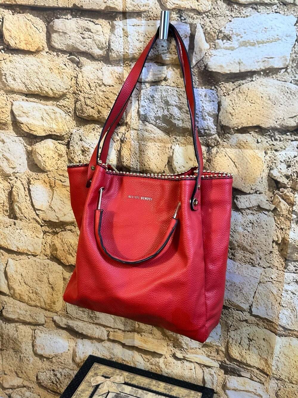 Alexis Bendel Red Pebbled Faux Leather Tote Handbag with Studded Trim